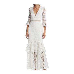 Monique Lhuillier Three-Quarter Sleeve White Lace Trumpet Gown Size 6